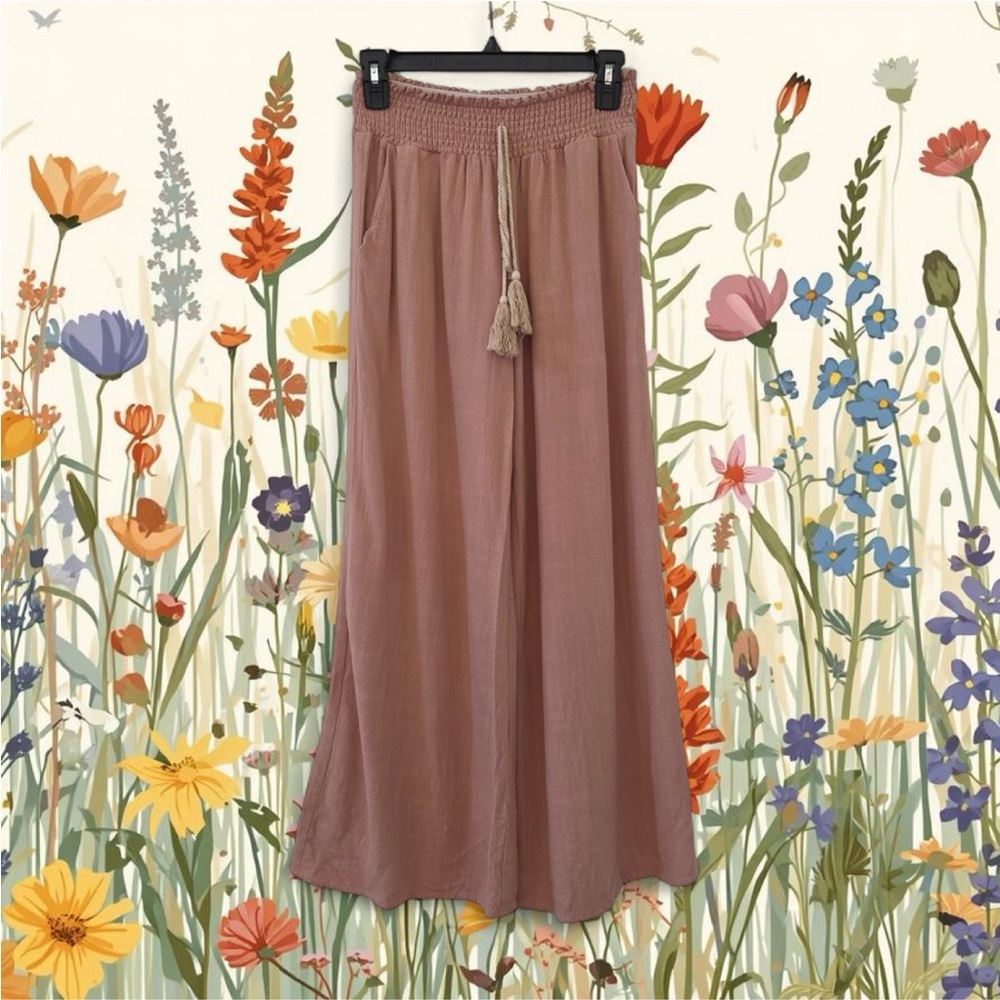 ANTHROPOLOGIE Miou Muse Pink Linen Wide-Leg Pants S